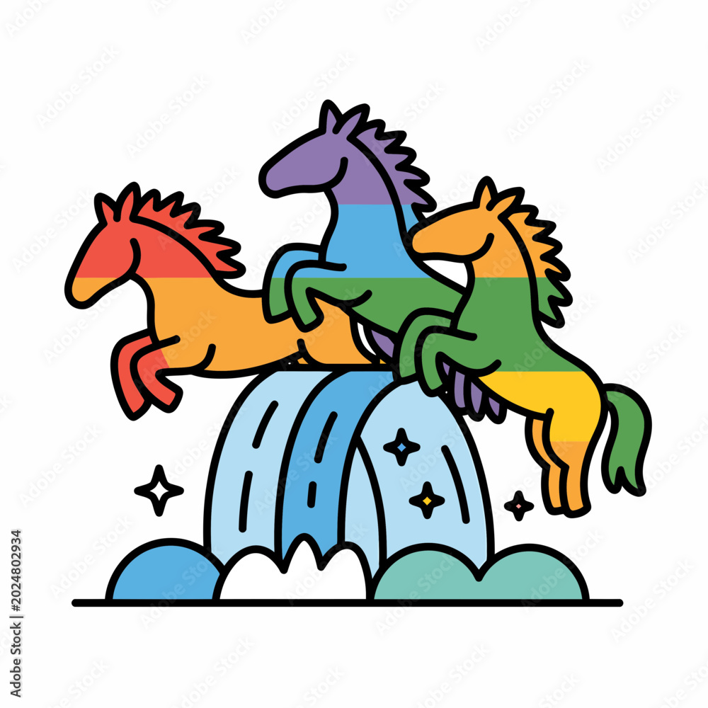 Fototapeta premium Rainbow Horses Jumping on Fountain with Sparkles