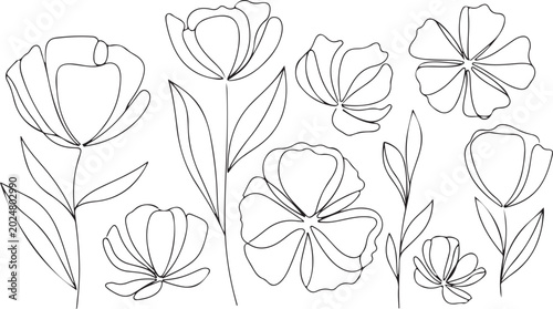 Minimalist line art flowers, simple floral illustrations, black and white, 8 blooming botanical designs, vector graphics