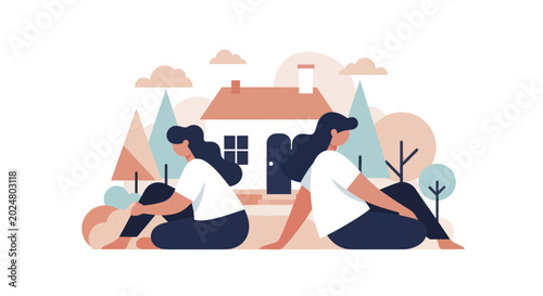 Tableau sur toile Couple sitting back to back outside house feeling distant.