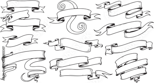 20 Vintage Ribbon Banners, Vector Illustration, Black and White, Ribbon Labels, Banner Templates