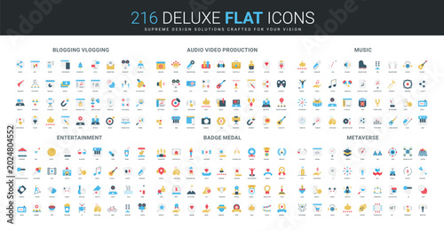 Comprehensive flat icon collection covering blogging, vlogging, audio video production, music, entertainment, medals, and metaverse concepts, modern colorful isolated vector illustration
