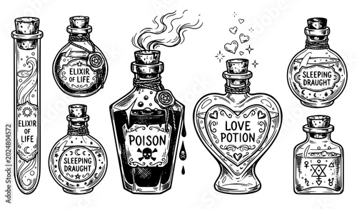 Photos Poison and Love Potion Bottles Hand Drawn Sketch Vector Illustration Set