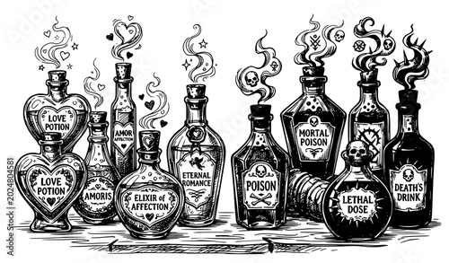 Photos Hand Drawn Potion Bottles Vector Illustration with Poison and Love Potion Design
