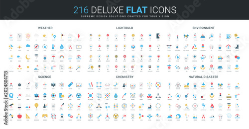 Comprehensive flat icon collection covering weather, lightbulb, environment, science, chemistry, and natural disaster themes for educational and informational design isolated vector illustration