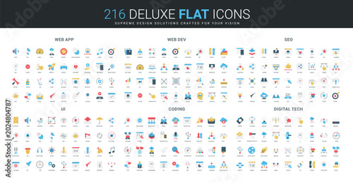 Comprehensive set of flat style icons covering web app, development, SEO, user interface, coding, and digital technology concepts, ideal for digital projects isolated vector illustration