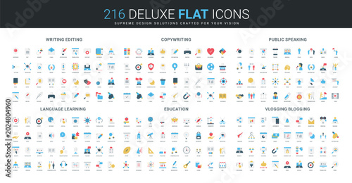 Comprehensive flat icon collection covering writing editing, copywriting, public speaking, language learning, education, vlogging blogging, modern creative isolated vector illustration