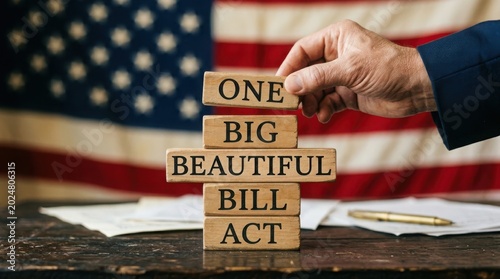 Hand building one big beautiful bill act with wooden blocks, us legislative concept