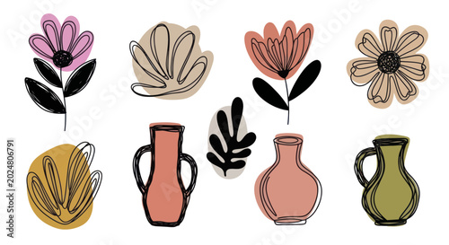 Abstract floral and pottery collection with hand-drawn elements.