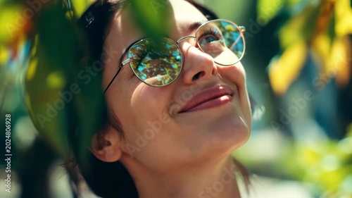 Slow motion tracking tilt dolly shot of woman smiling and looking up through leafy branches in sunny park