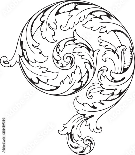 Ornate floral swirl design, black line art, decorative element, vector illustration