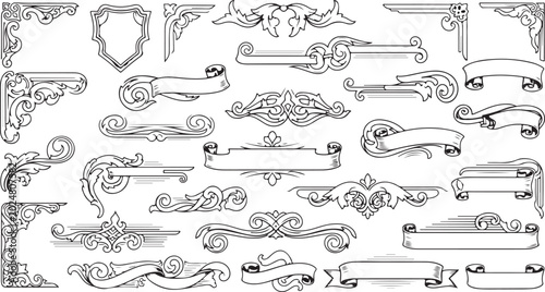 Vintage labels, ornate banners, decorative borders, 30 antique elements, vector illustrations