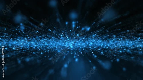 Abstract Blue Particles Flowing and Expanding in a Dark Digital Space Background.