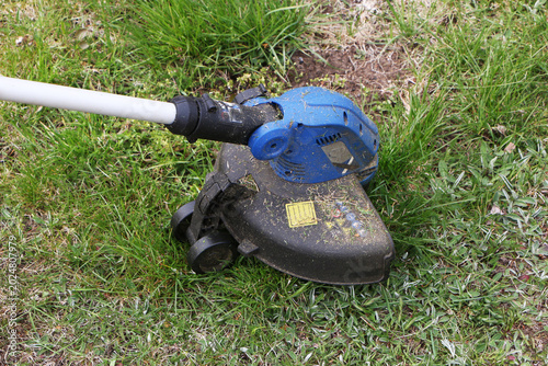 Slika na platnu A hand-held battery-powered grass trimmer is used to mow the grass