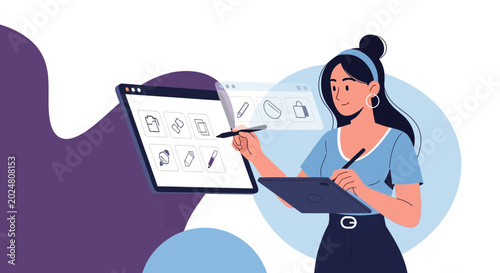 Graphic designer creating digital art on tablet, drawing icons on screen, modern workspace