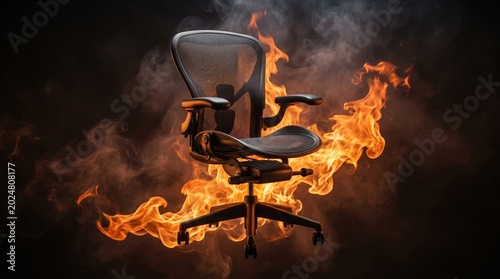 Modern ergonomic office chair engulfed in intense orange flames captured in this dramatic studio photograph that showcases a powerful conceptual metaphor for high workplace job stress