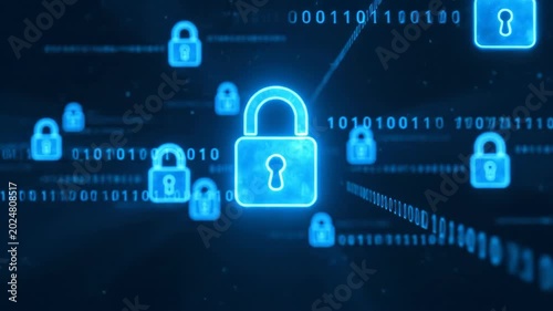Digital Security Network with Glowing Padlocks and Binary Code.