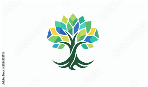 Creative abstract tree vector icon with geometric leaves and modern growth logo illustration