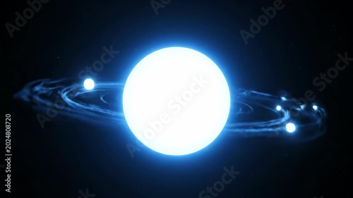 Abstract representation of a star and orbiting planets in a dark cosmic setting.