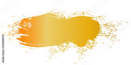 Abstract gold paint splatter and gouache brush stroke on grey paper texture background. Hand-made luxury metallic stain, creative bright yellow design element for wallpaper.