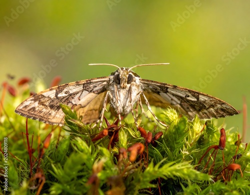 Close up of moth with intricate patterns resting on vibrant green plant life