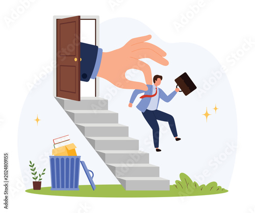 Corporate employee being dismissed by large hand, briefcase in hand, walking down stairs toward trash bin, symbolizing job loss and unemployment, isolated vector illustration