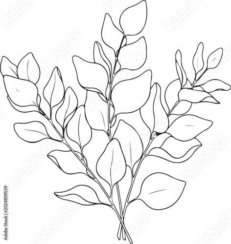 Minimalist leafy branch, line art illustration, botanical vector, black and white