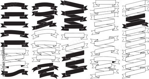 Ribbon, banner, and label vector icons, black and white, 40 pieces, decorative elements