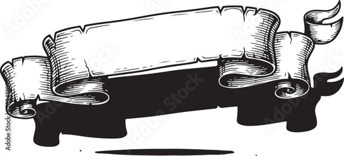 Vintage scroll banner, black and white illustration, blank parchment roll, decorative element