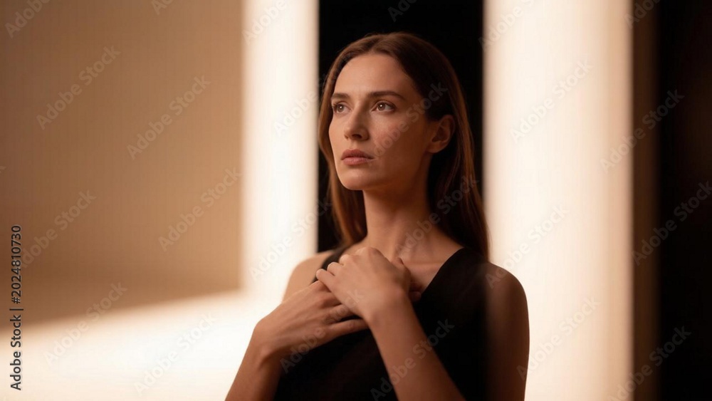 Naklejka premium Pensive woman: darkness, question, choice, growth, light. This image conveys the idea that personal growth is a journey from the darkness of doubt to the light of self-acceptance and inner harmony.