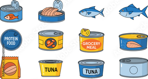Canned Tuna Fish and Seafood Food Vector Icon Set on White Background