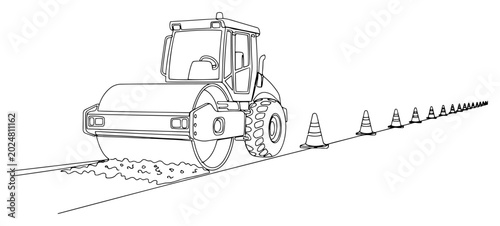 Bild auf Leinwand Single continuous line drawing of a road roller compactor working on a road with