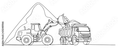 Cuadro en lienzo Wheel loader loading gravel into dump truck at construction site in minimalist l