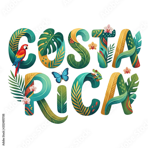 Vibrant tropical typographic design featuring the text Costa Rica decorated with exotic jungle flora and fauna on a white background