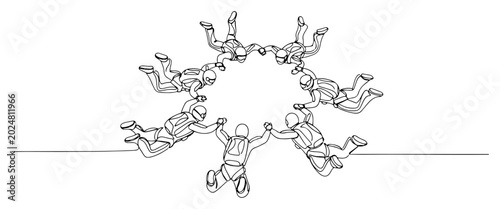 Tableau sur toile Single continuous line drawing of professional skydivers forming a circle format