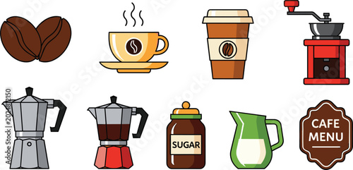 фотографія Coffee Cafe Beverage Equipment Icons Set Isolated on White Background
