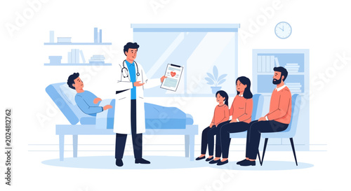 Doctor Discussing Patient Health with Family in Hospital Room During Medical Examination