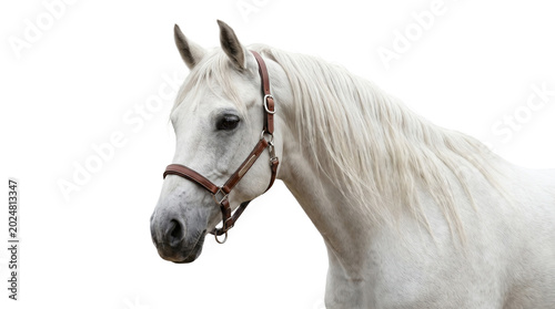 Fotografie Head portrait of white horse wearing leather halter isolated on transparent background high resolution photo png