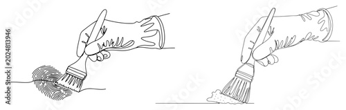 Bild auf Leinwand One line drawing of forensic investigator hands in gloves using brushes to find