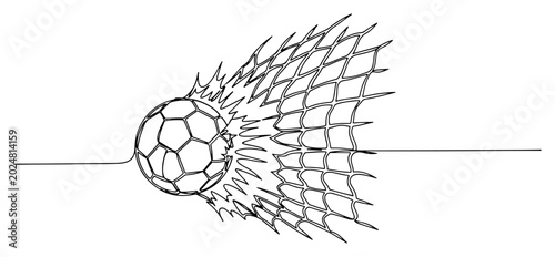 Photos Continuous line drawing of a soccer ball hitting the back of the goal net