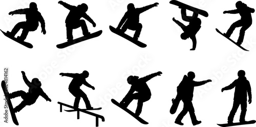 Foto Snowboarder Silhouette Collection Featuring Freestyle Jumps, Winter Sports Trick