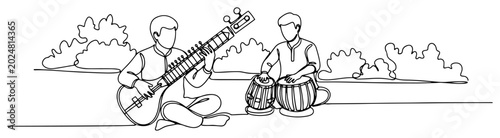 Fotografie Continuous line drawing of two musicians playing traditional Indian sitar and ta