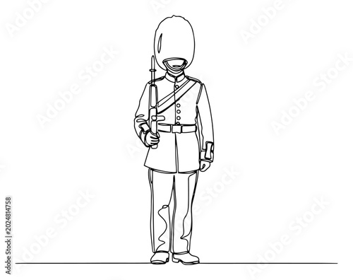 Photos One line art drawing of a British Royal Guard in traditional uniform with a bear