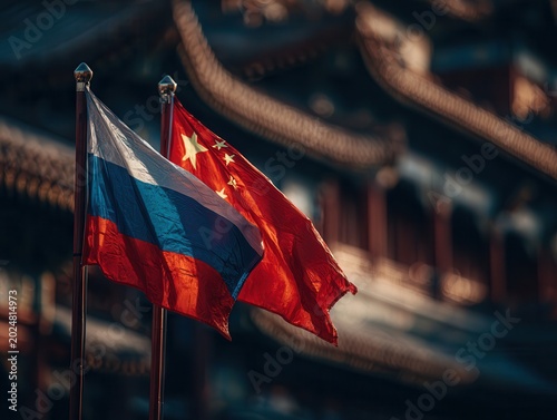 flags of Russia and China on flagpoles, background with traditional Chinese architecture 