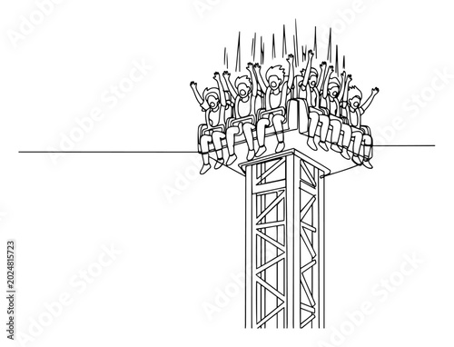 Photos Continuous line drawing of excited people on a free fall tower ride at an amusem