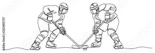 Photography Continuous line drawing of two ice hockey players in a face off position during