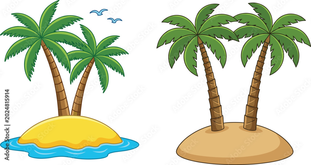 Fototapeta premium Cartoon Tropical Island with Palm Trees and Ocean Waves Vector Illustration for Summer Vacation and Travel ThemesCartoon Tropical Island with Palm Trees and Ocean Waves Vector Illustration 