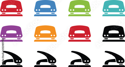 Foto Set of colorful hole puncher icons in different perspectives for office and scho