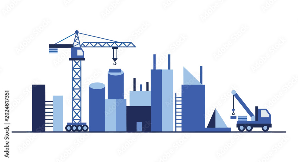 Obraz premium Urban construction site with cranes and buildings under development.