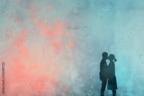 Silhouette of romantic kissing couple on a textured artistic background with coral pink and teal blue color split