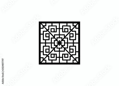Canvas-taulu Chinese Pattern: A black and white geometric pattern with a square frame and intricate maze-like design, evoking traditional Chinese artistry and architecture